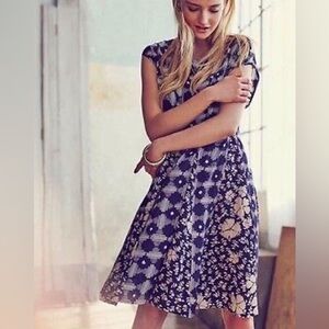 ANTHROPOLOGIE Maeve blue navy floral Indiga corset swing dress xxs petite xxsp